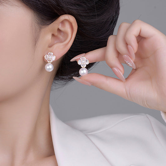 S925 Silver Needle Flower Pearl Earrings: Diamond Inlaid, Gentle, Versatile